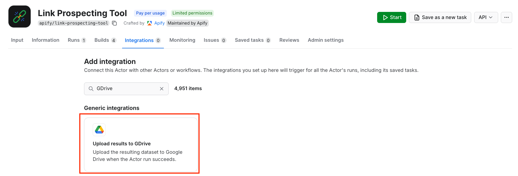 Google Drive integration in Apify Console