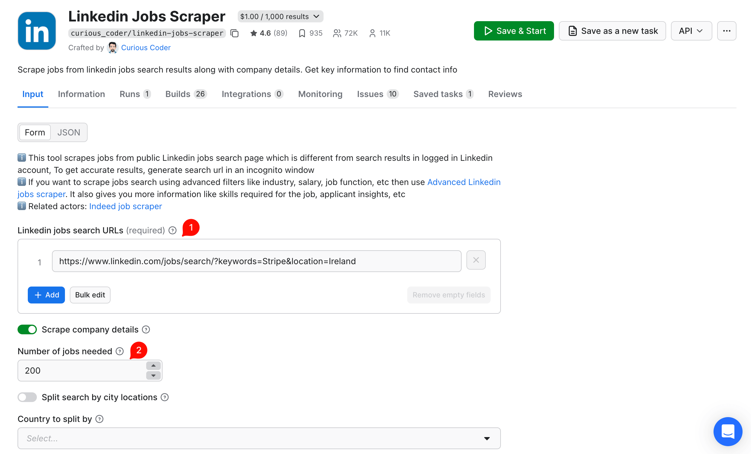 LinkedIn Jobs Scraper Apify Console input view (Form tab), configured for Stripe in Ireland.