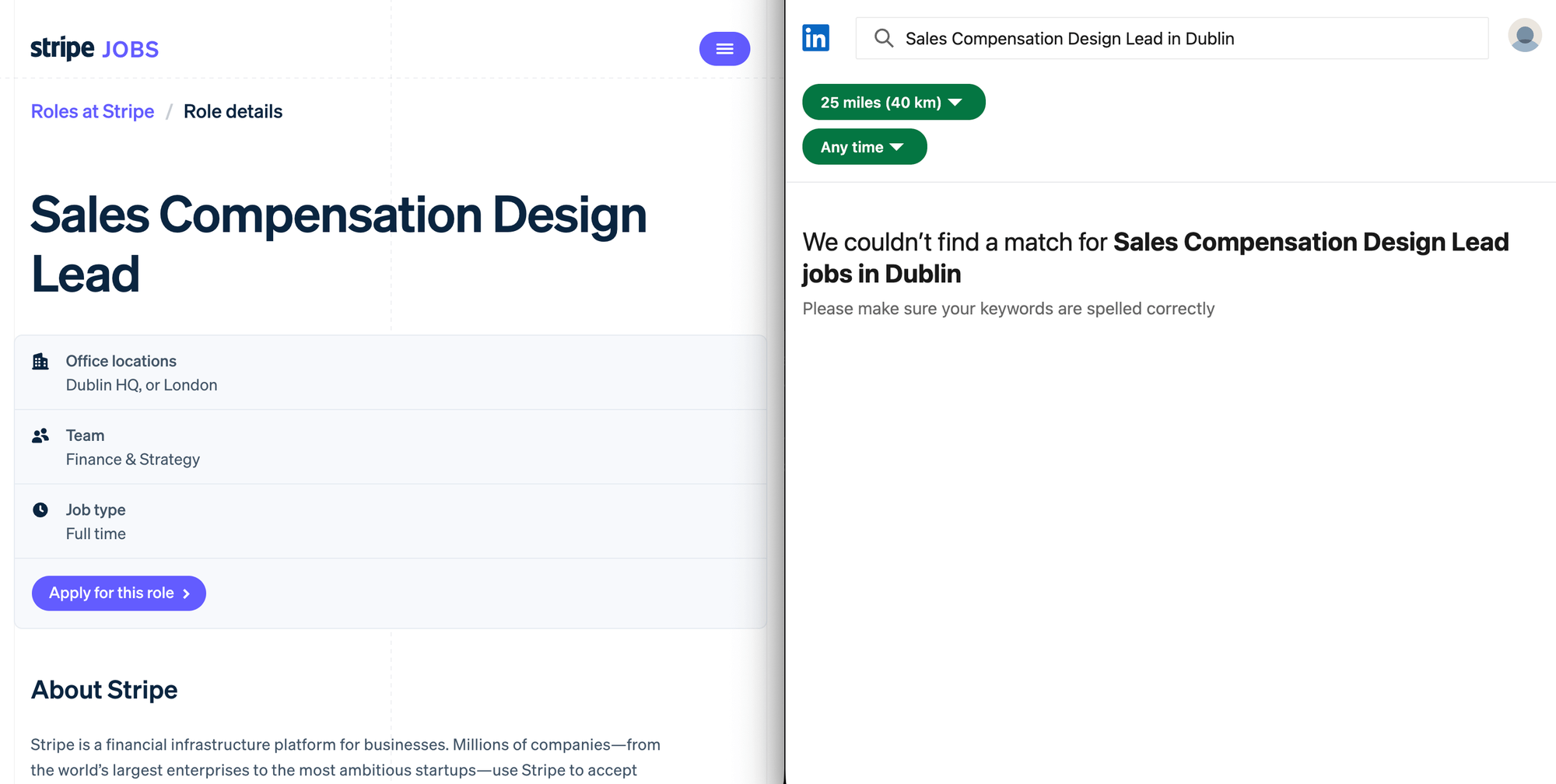 Side-by-side: Stripe's careers page shows the Sales Compensation Design Lead role (Dublin HQ, or London) as active, full-time, with an "Apply for this role" button.