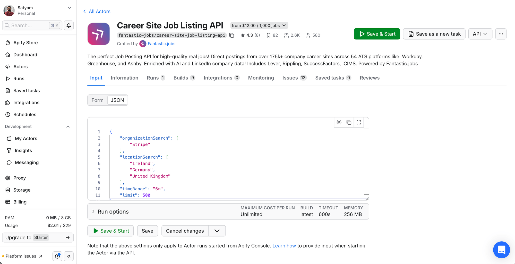 Career Site Job Listing API JSON input
