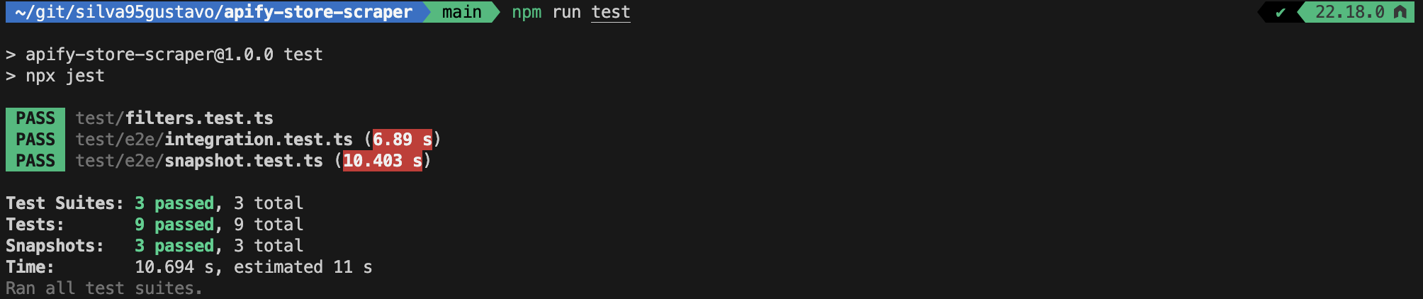 Terminal output showing all Jest test suites passing: 3 passed, 9 tests passed, 3 snapshots passed.