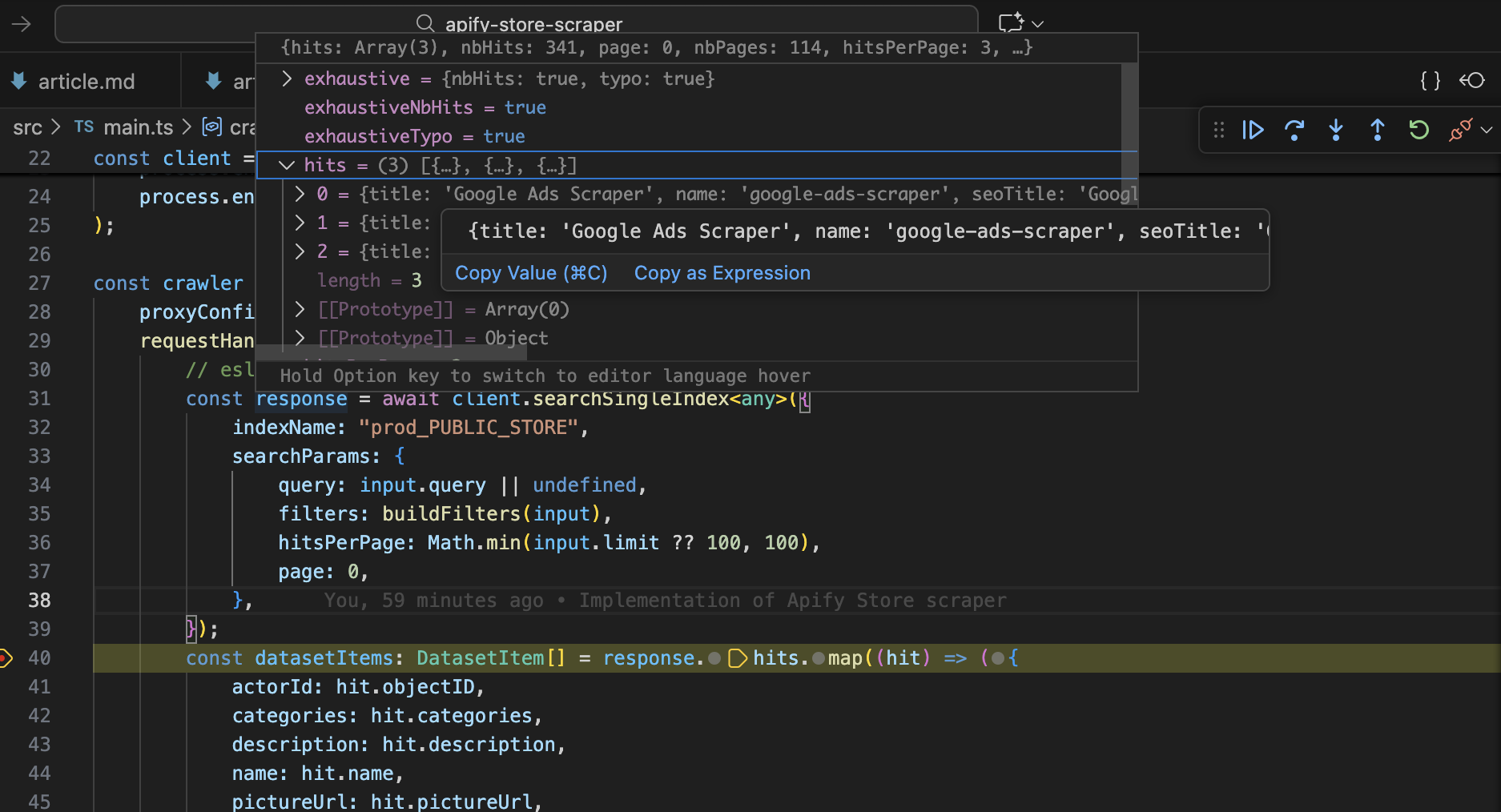 VS Code debugger paused at a breakpoint inside the Apify Store scraper, hovering over a variable to inspect its value.