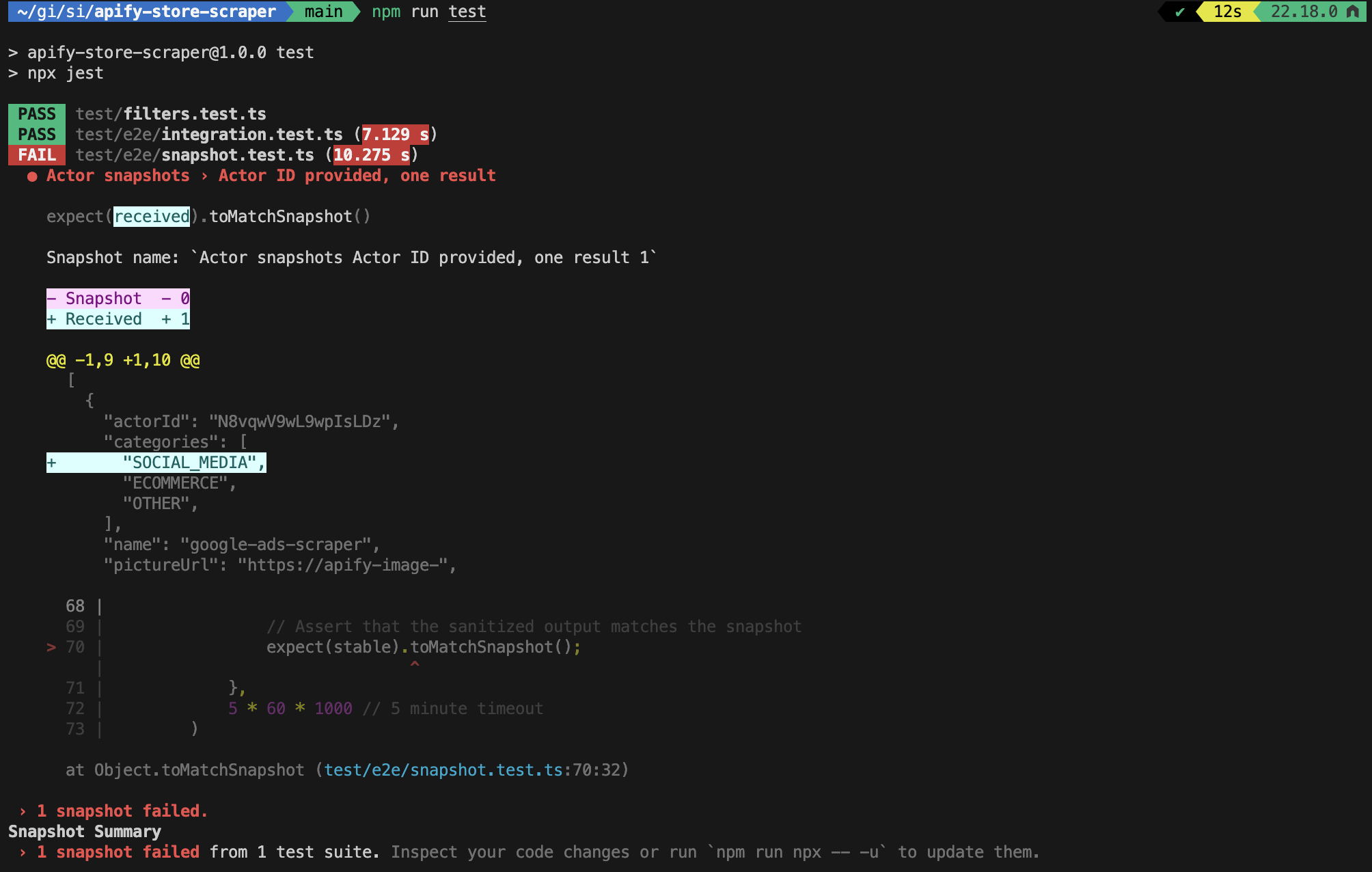 Jest snapshot test failure showing the diff between the stored snapshot and the new received output.
