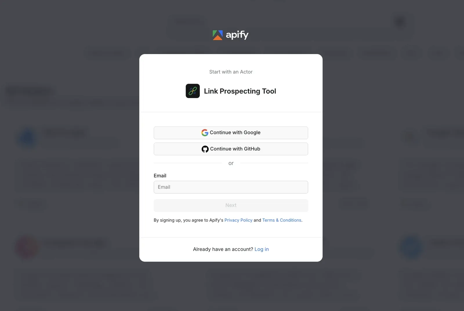 Apify signup page with Google and GitHub login options