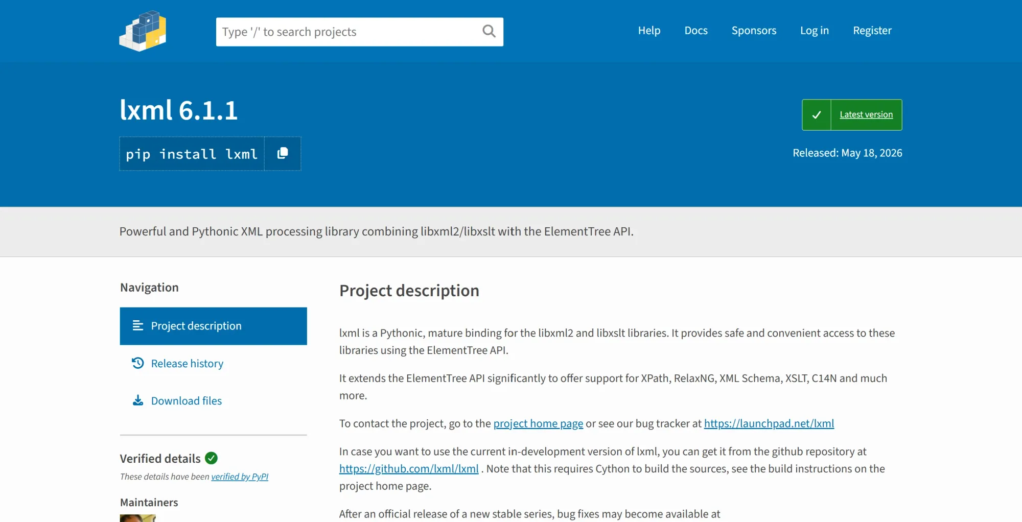 Image of lxml download via PyPi homepage