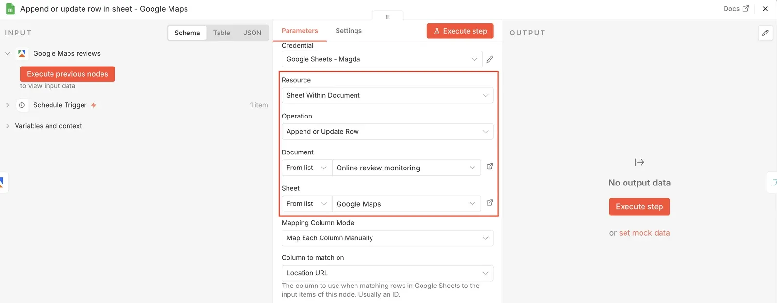 n8n Google Sheets node - confuguration