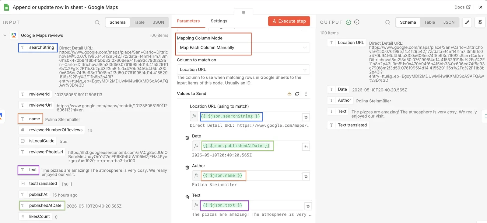 Mapping scraped data points to columns in Google Sheets