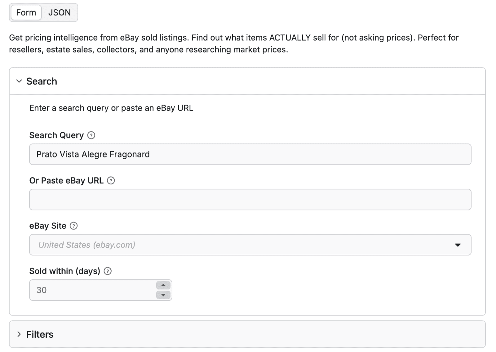 eBay Sold Listings Intelligence Actor input page