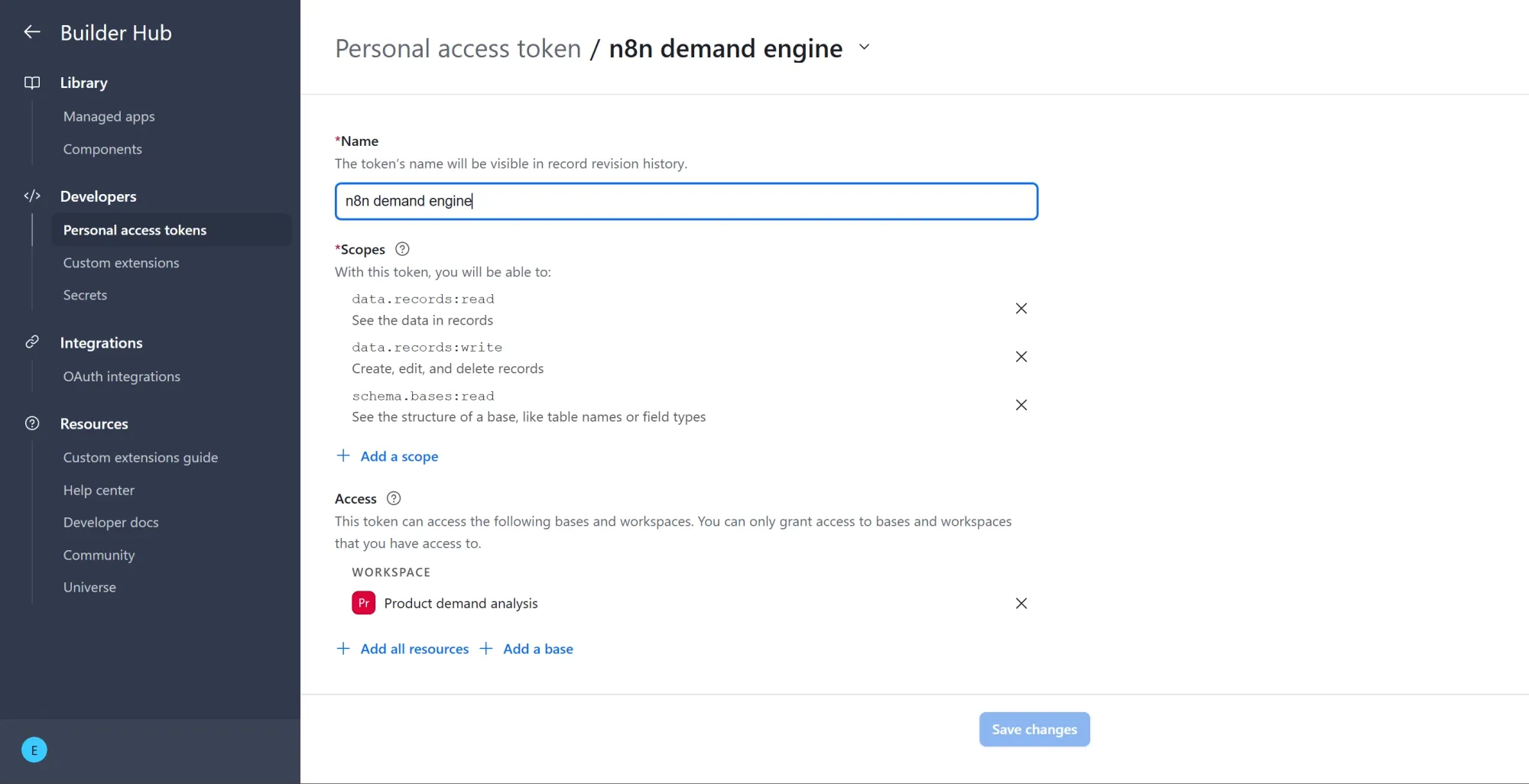 Airtable personal access token configuration screen.
