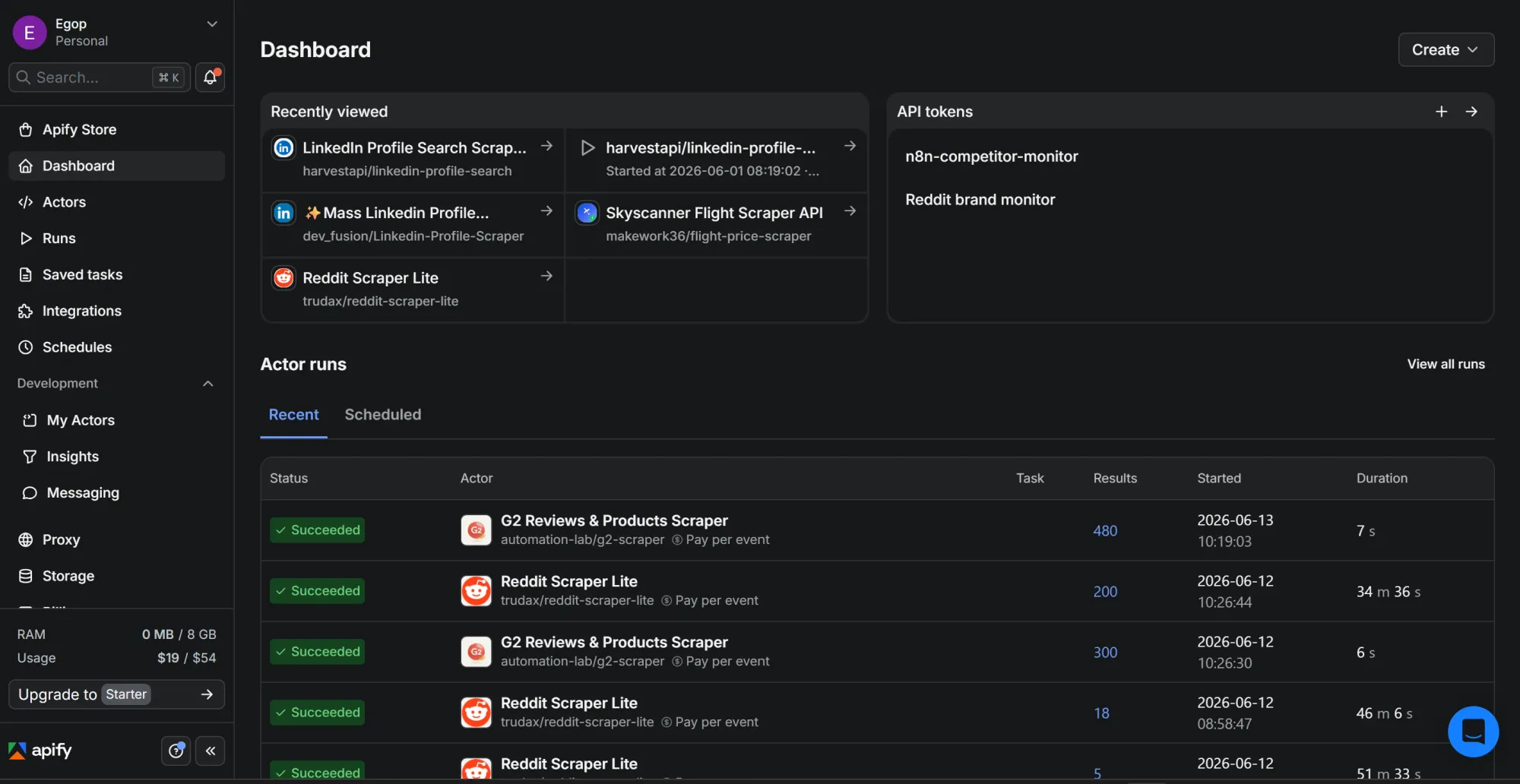 Apify console displaying recent scraper runs.