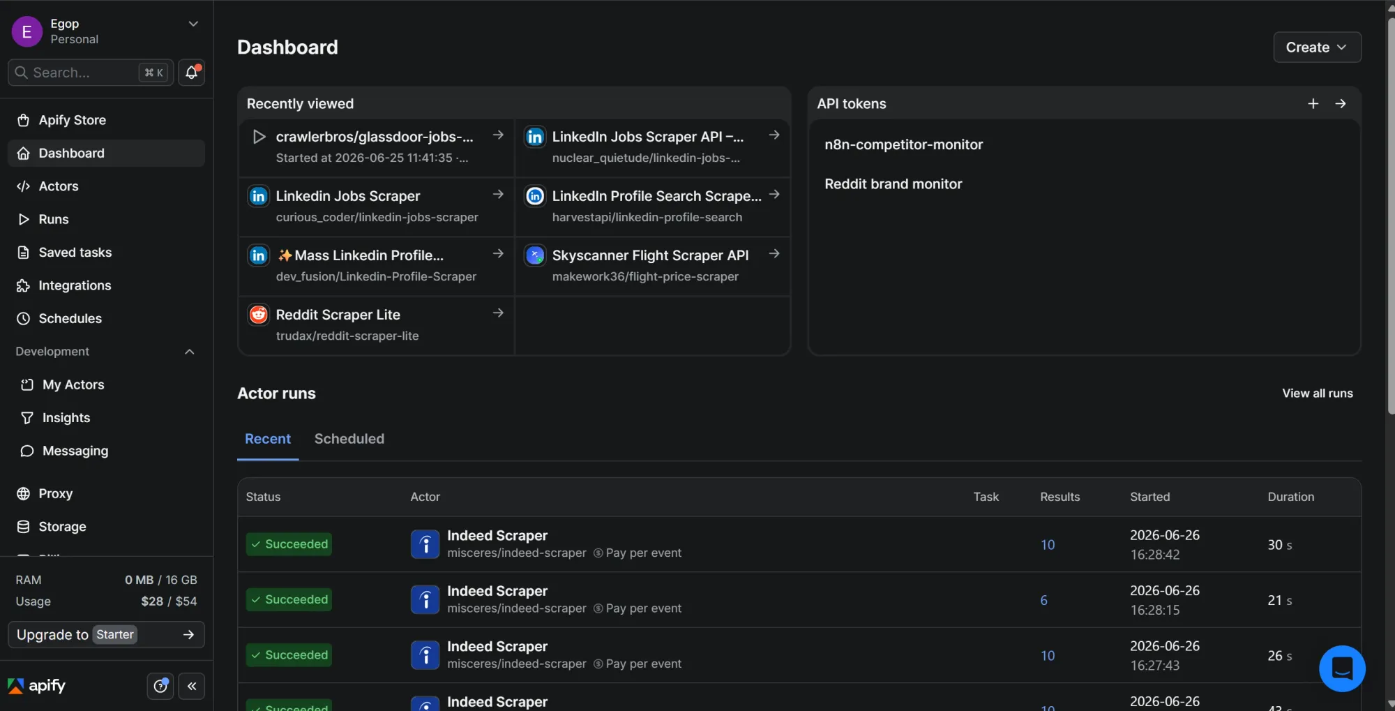 Apify console dashboard