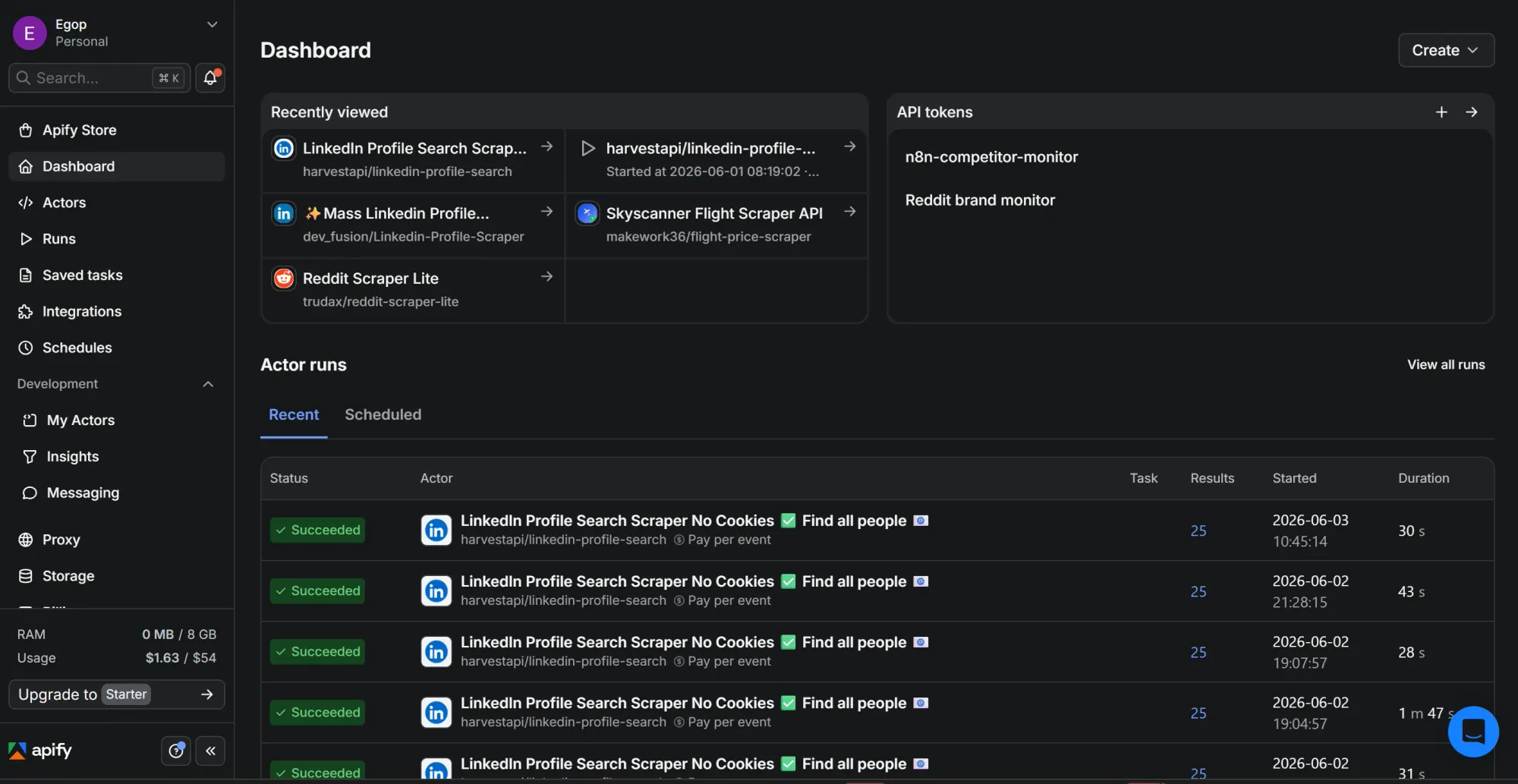 Apify console dashboard