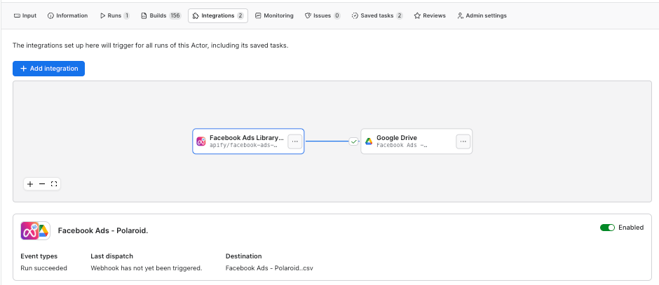 Integrations enabled in Apify Console