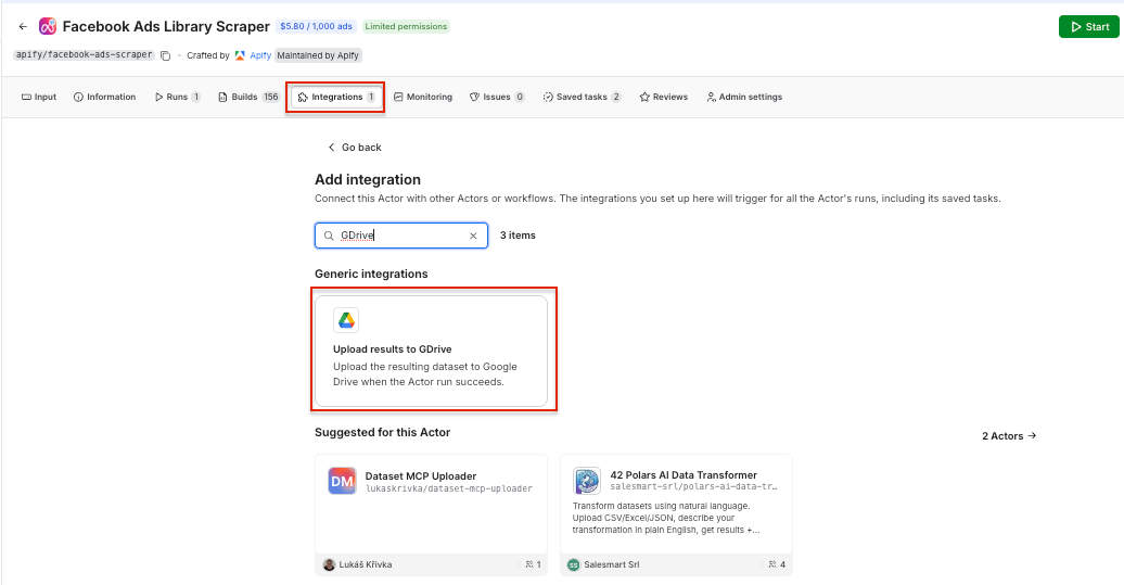Actor page Intergrations tab in Apify Console