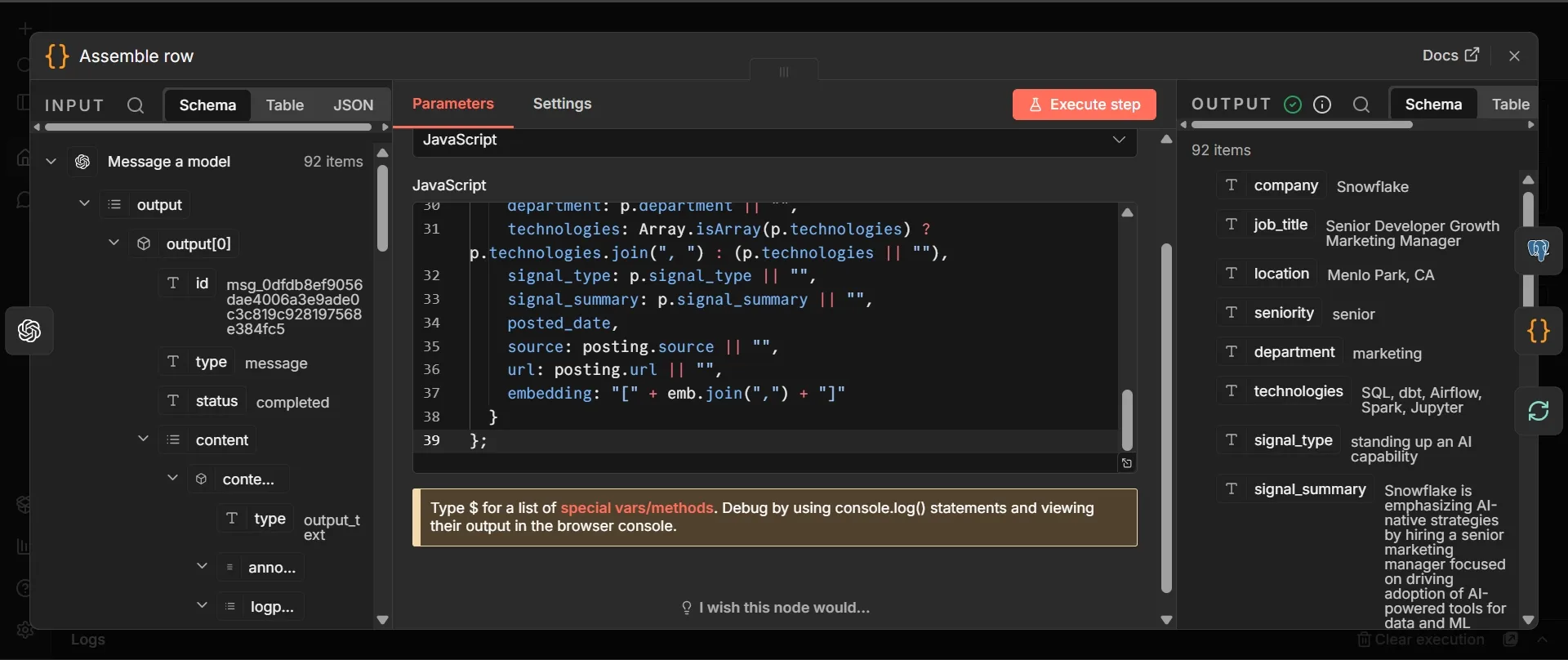 Opened Assemble row code node
