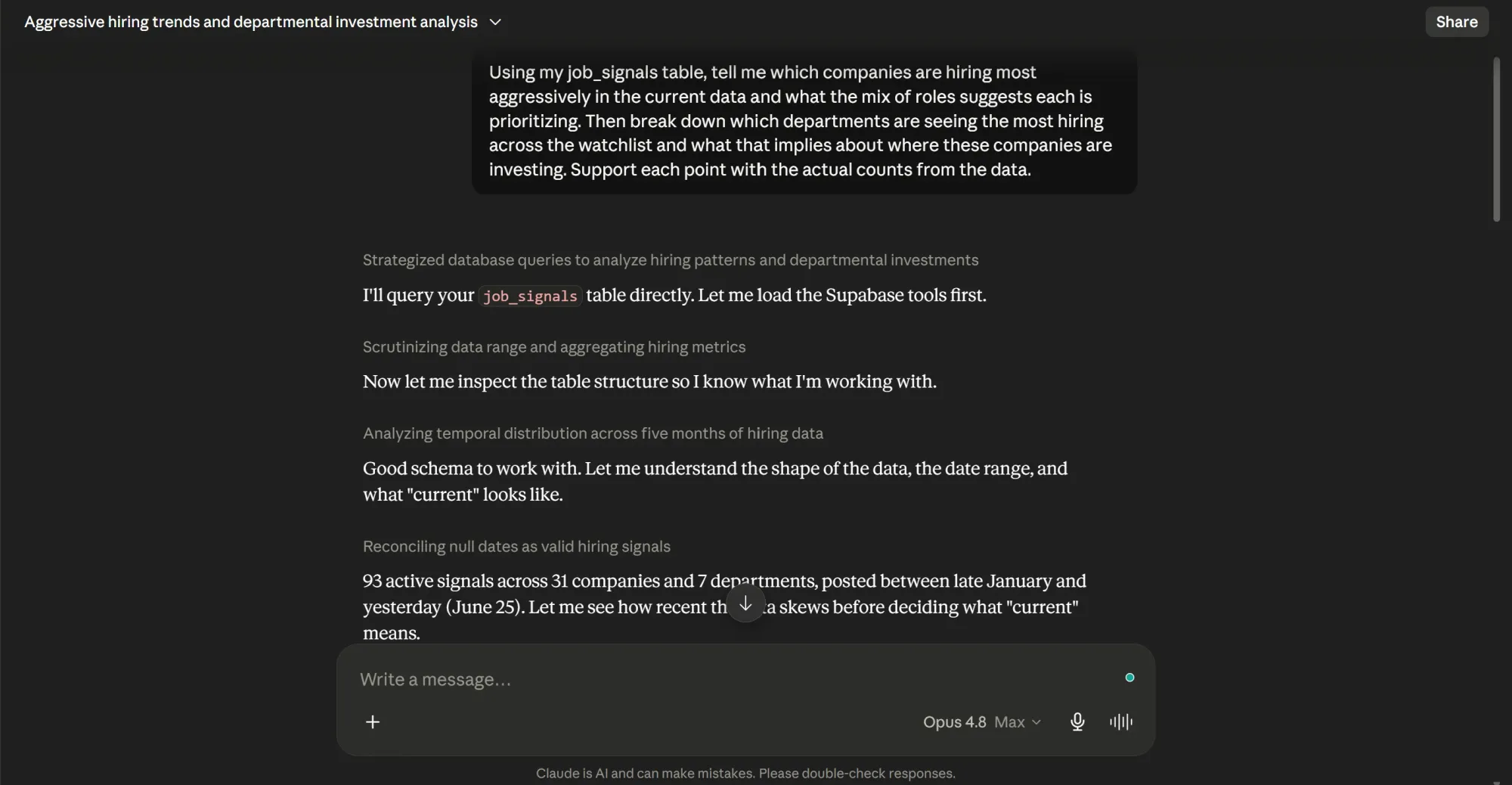 Open chat with claude based on final signal results stored in Supabase