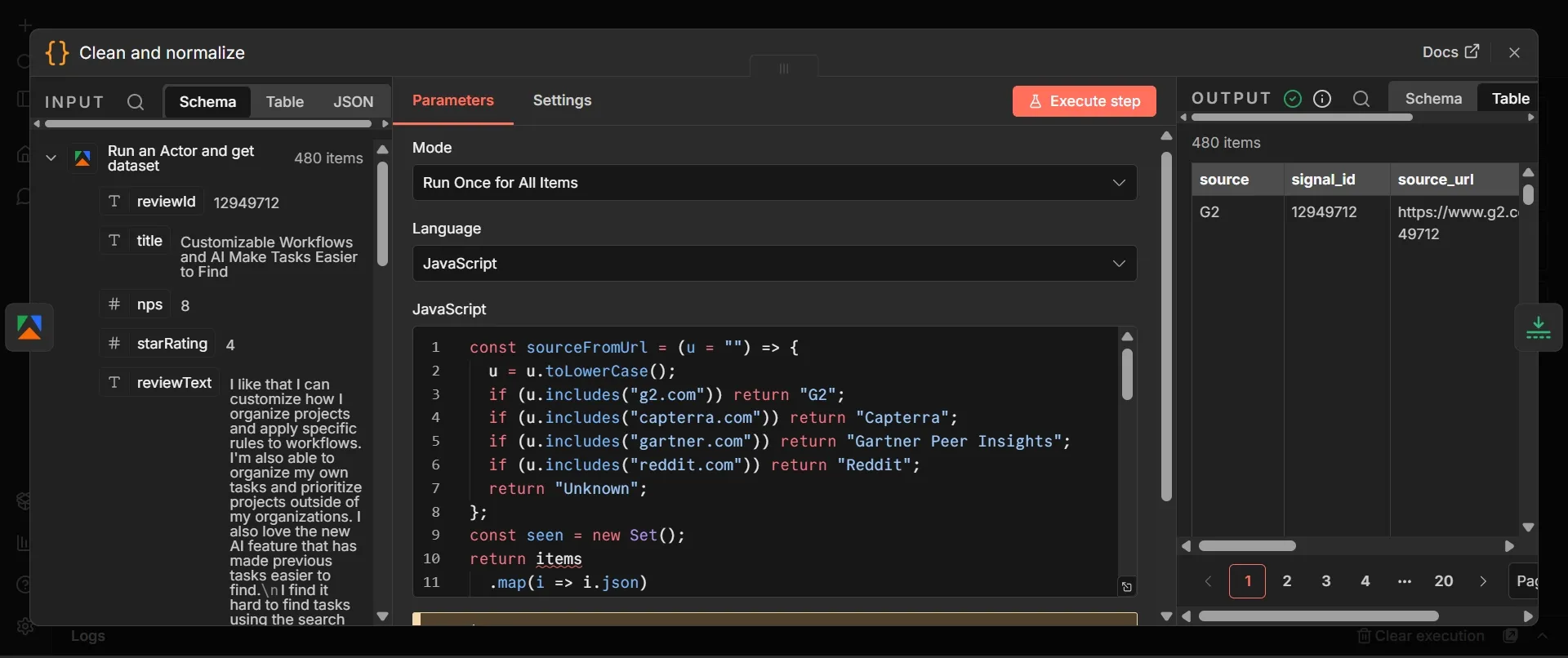 n8n JavaScript node for data normalization.