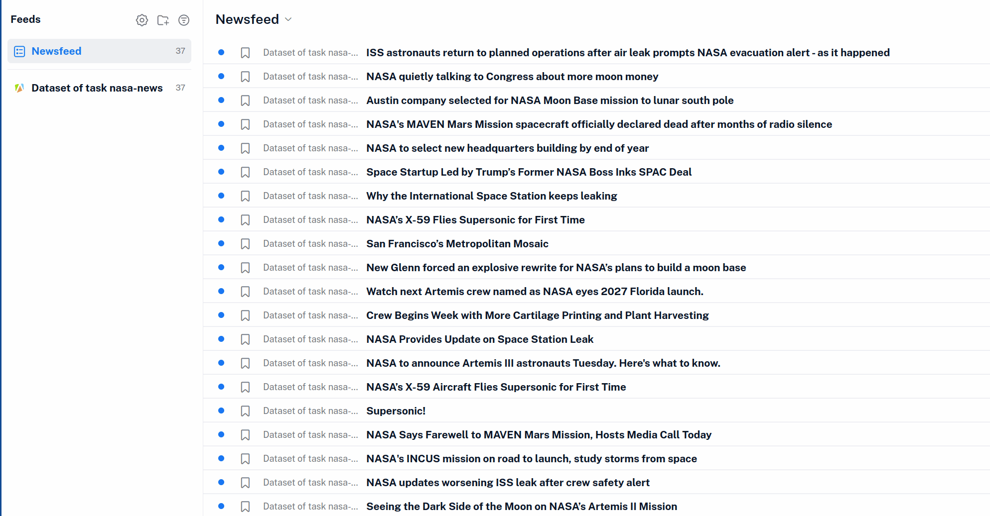 Exported output of the easyapi/google-news-scraper set up to scrape news about NASA
