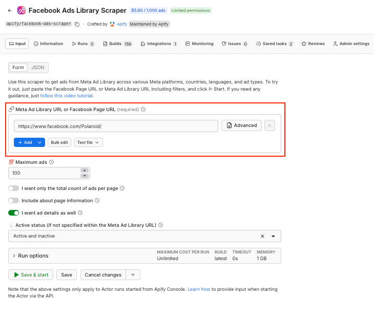 Facebook Ads Scraper configuration