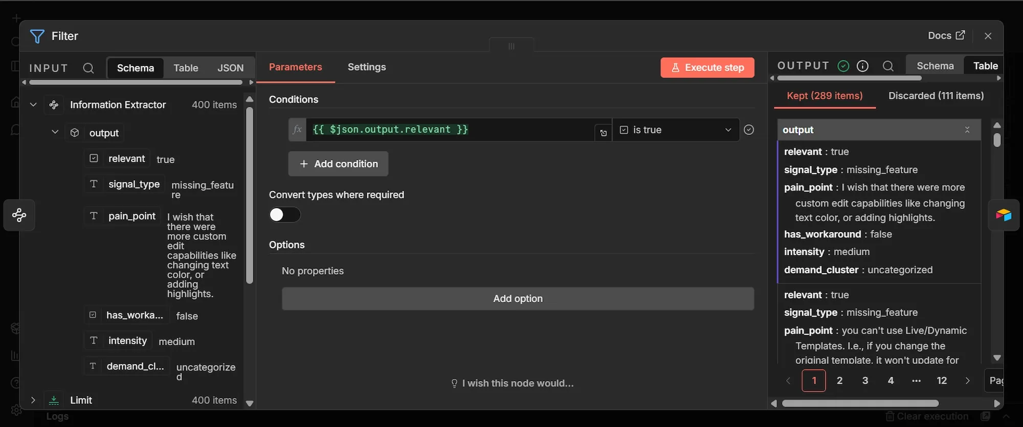 n8n Filter node configuration screen.