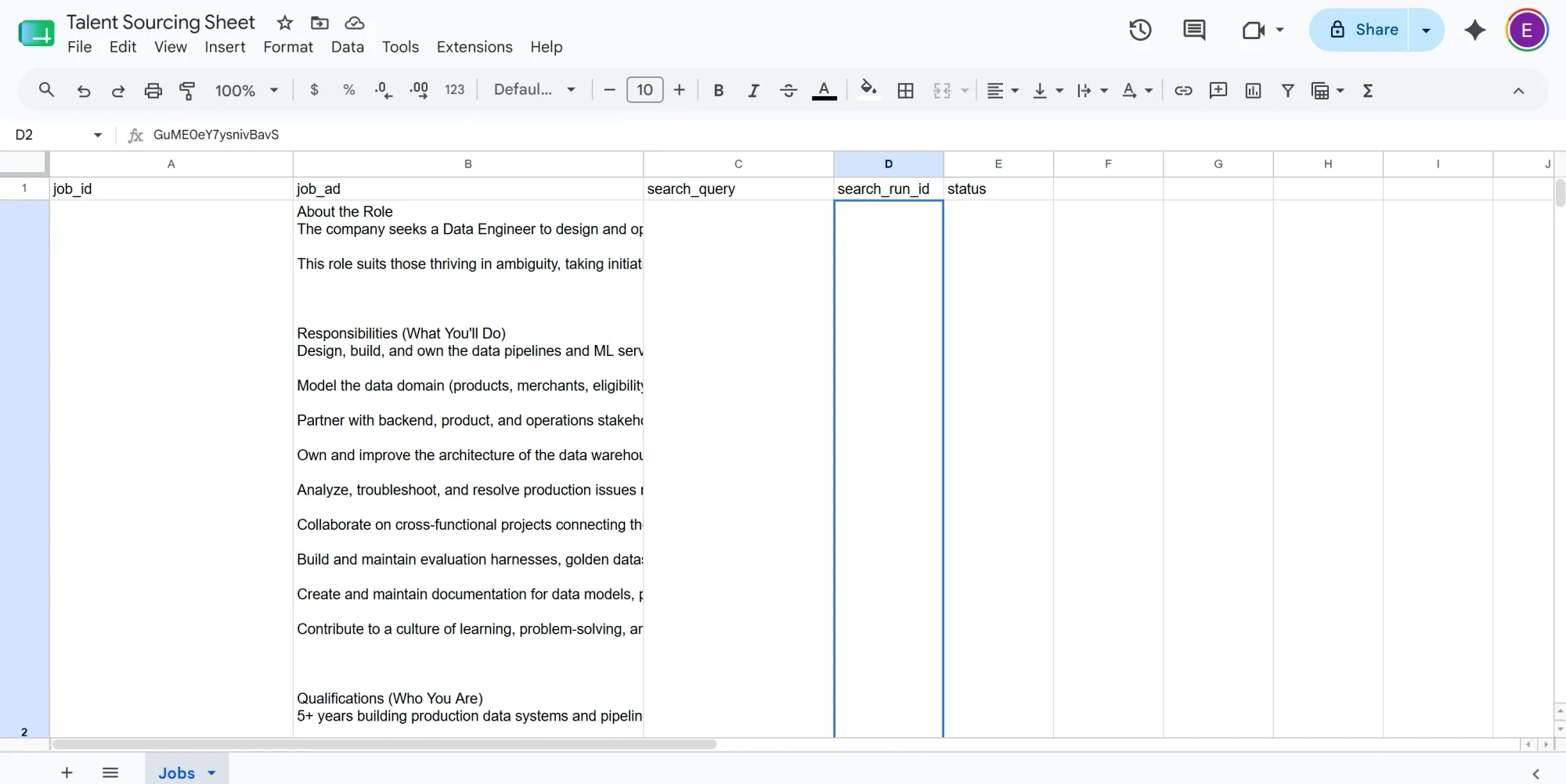 Talent sourcing sheet