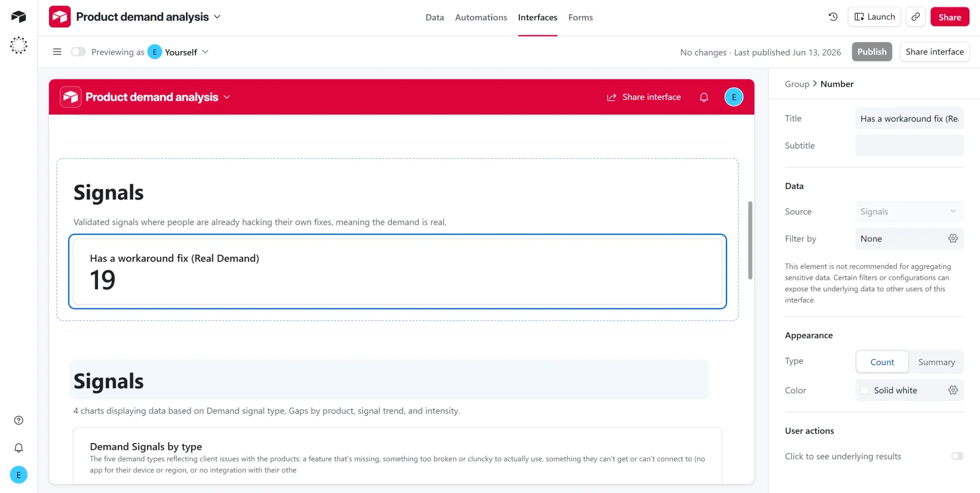Airtable interface metric showing the number of workaround fixes.