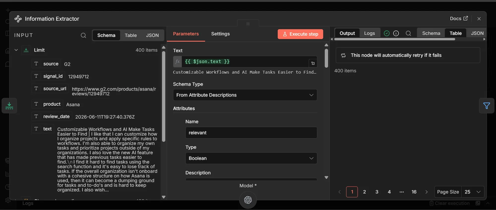 n8n Information Extractor node configuration.