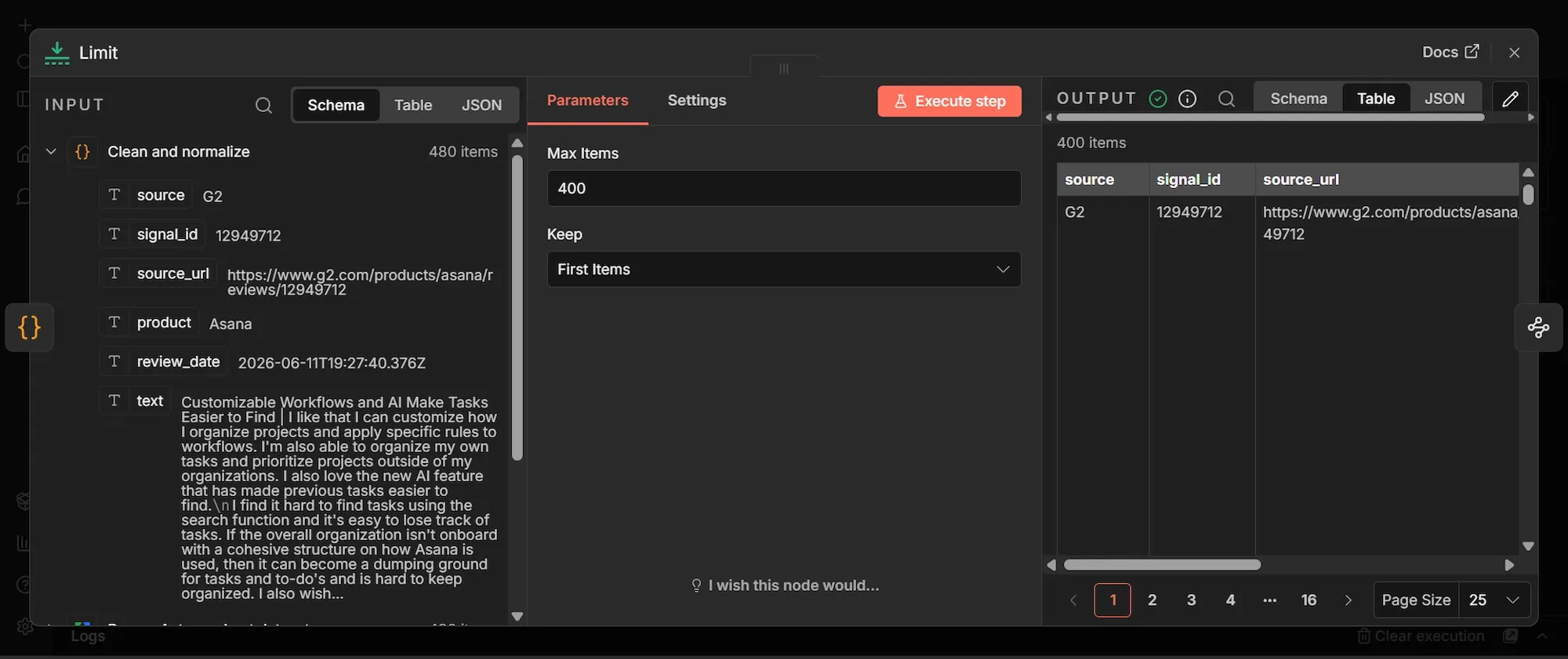 n8n Limit node configuration screen.