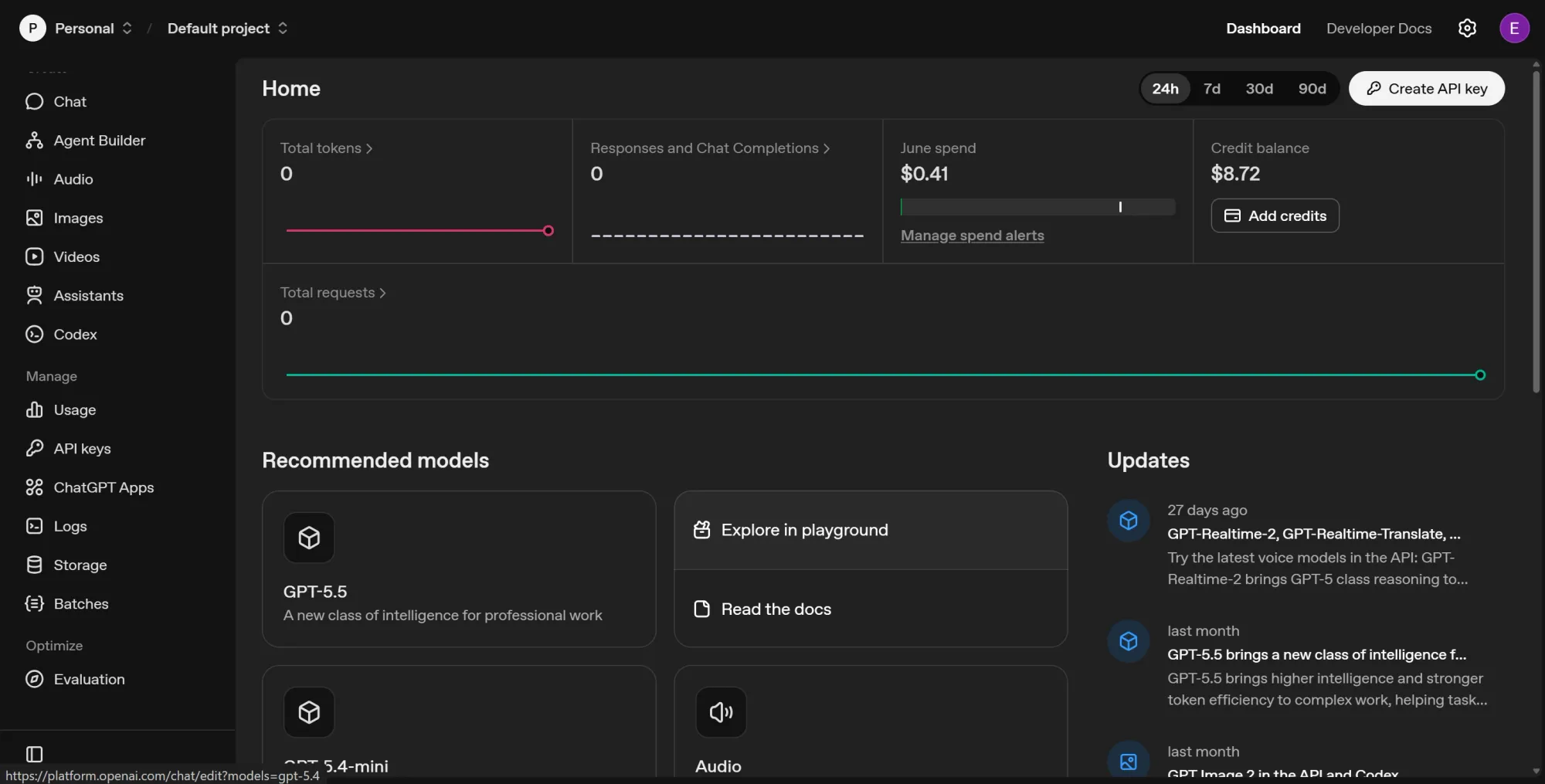OpenAI home dashboard
