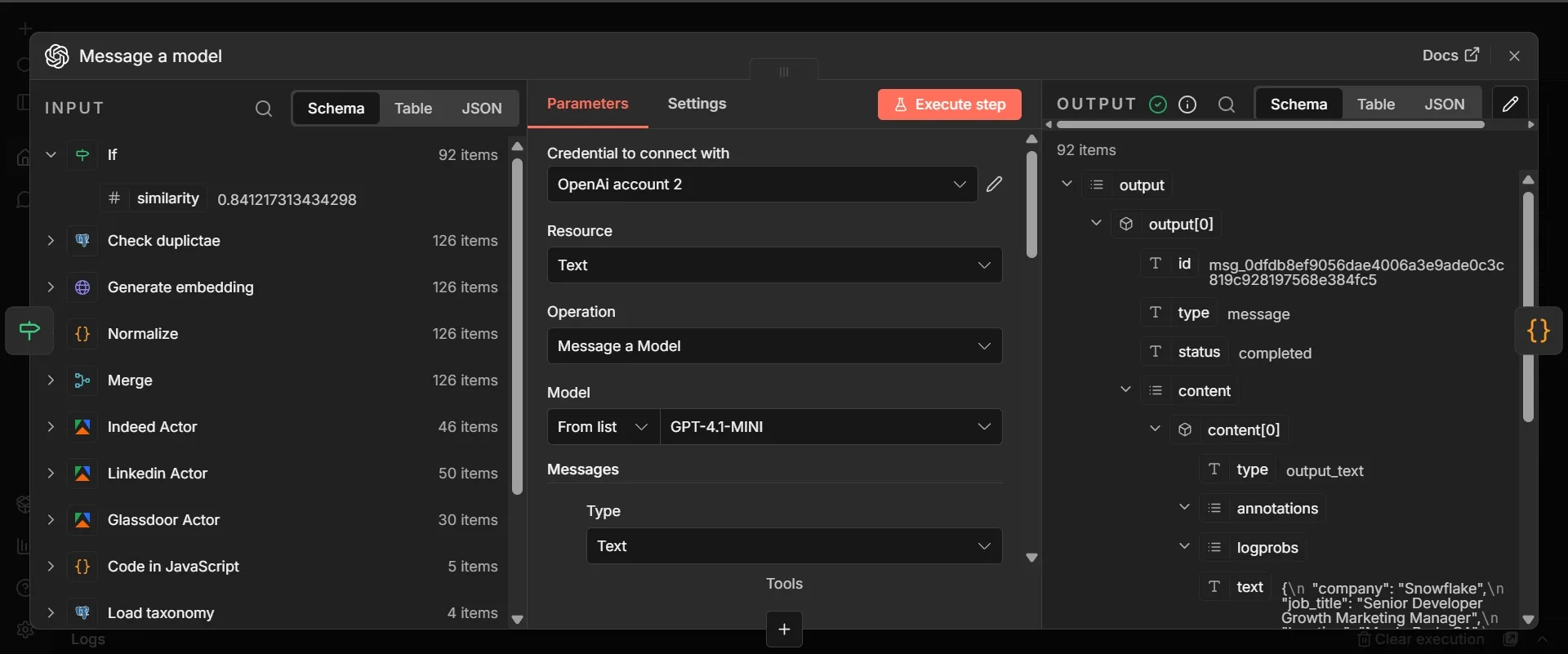 Opened OpenAI Message a model node