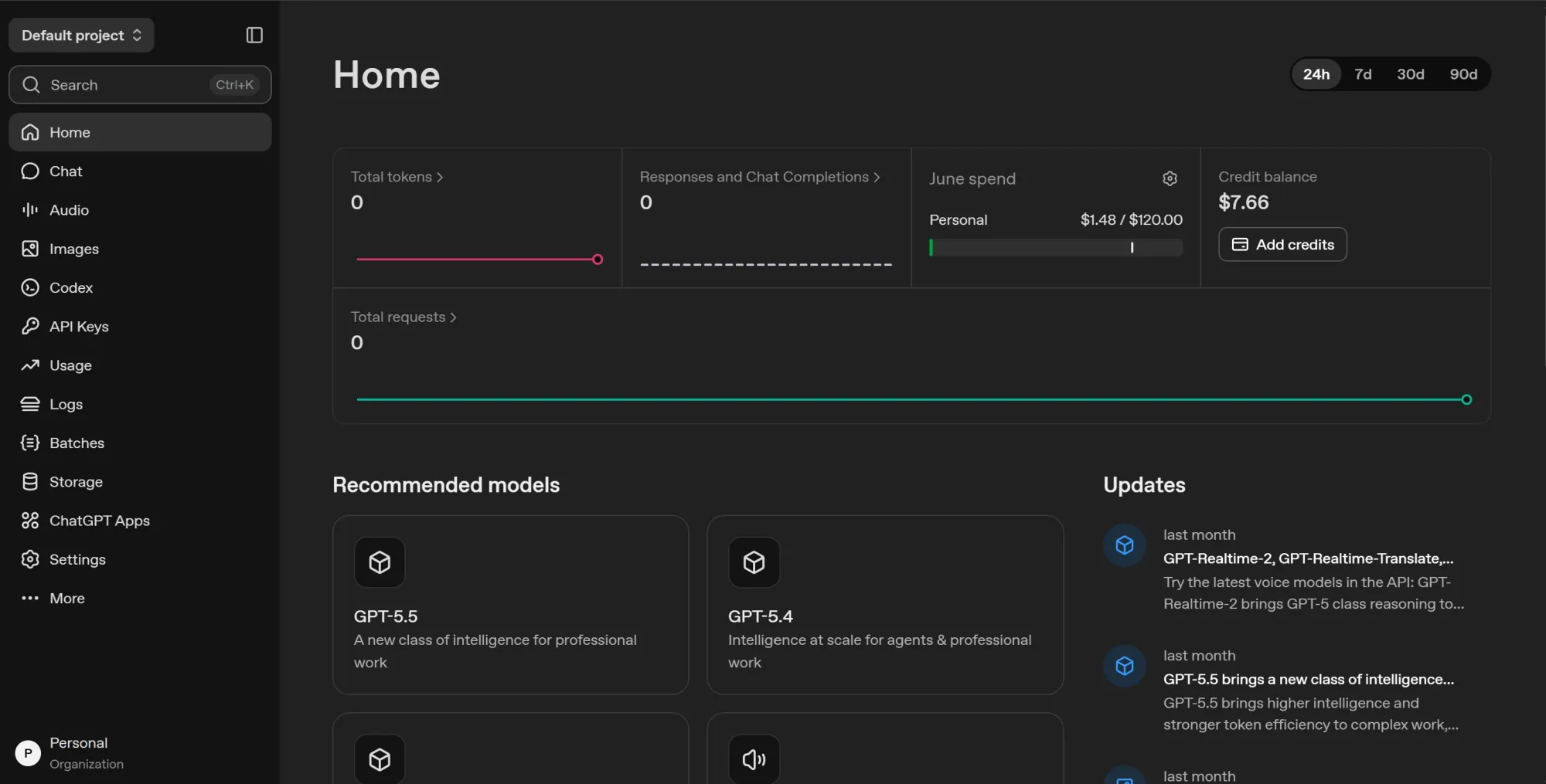 OpenAI platform dashboard with API usage statistics.