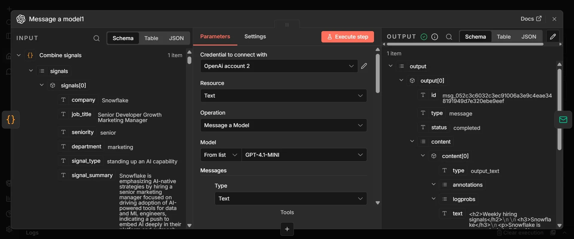 Opened OpenAI Message a model node