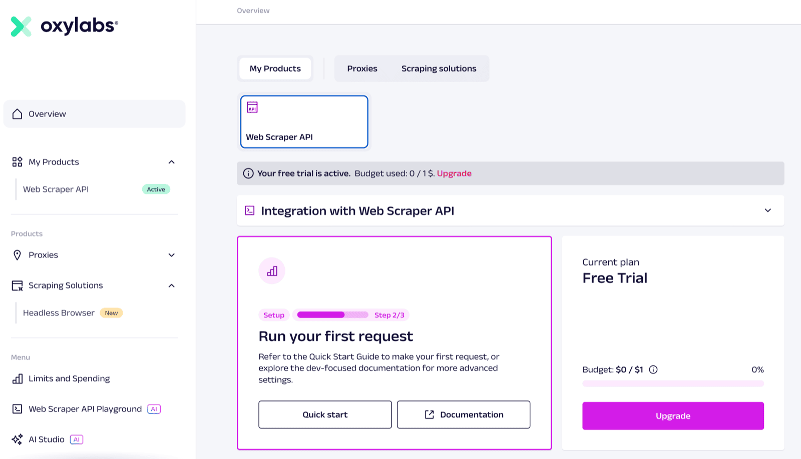 Oxylabs Web Scraper API dashboard