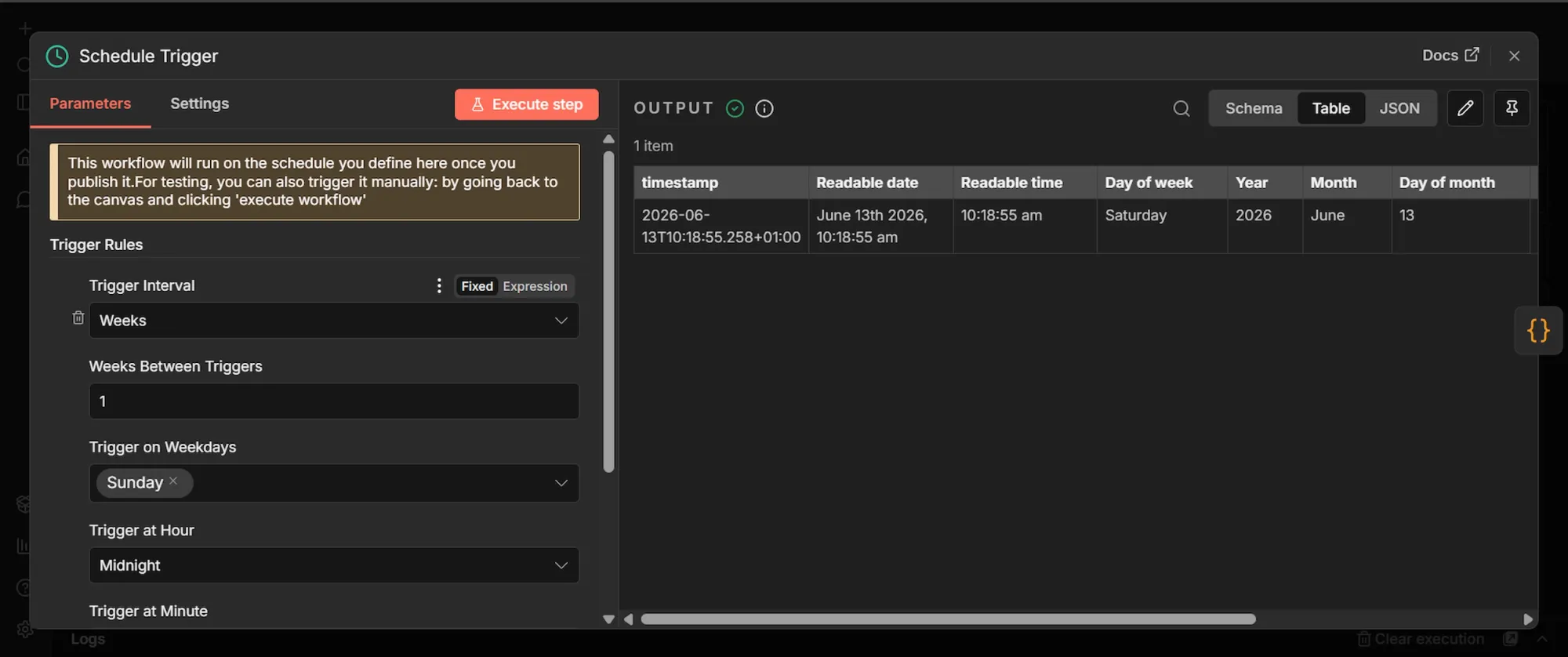 n8n schedule trigger node configuration.