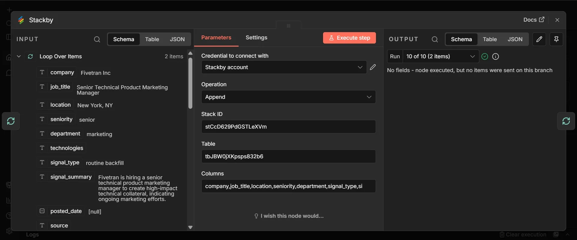 Opened Stackby node