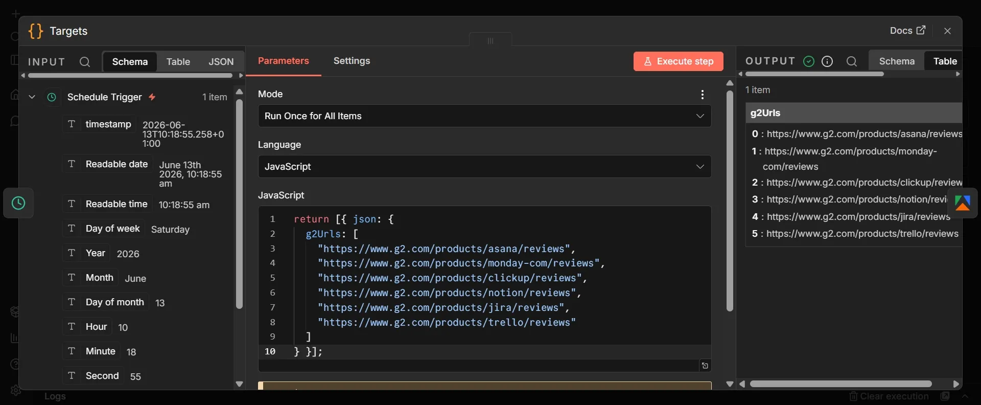 n8n Targets code node displaying succesful results