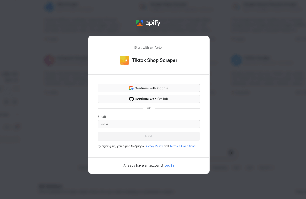 TikTok Shop Scraper - sign-up page