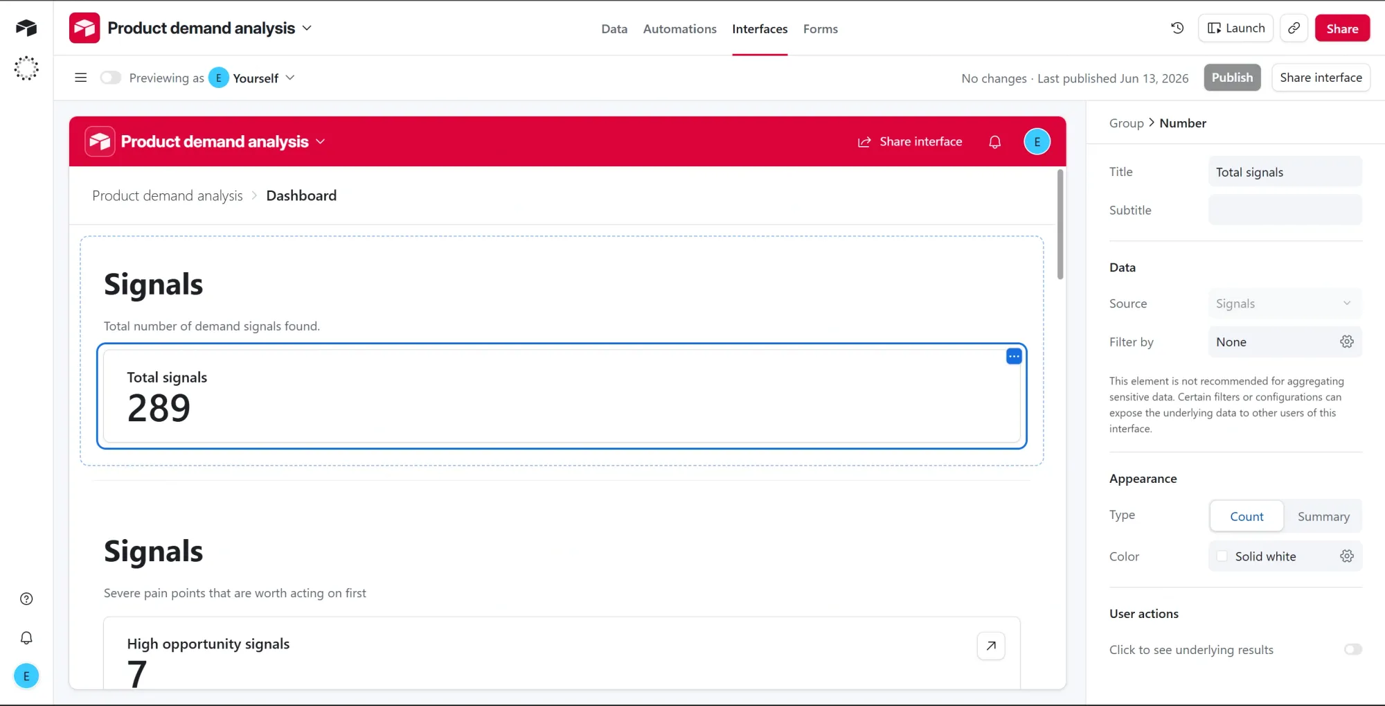 Airtable interface metric showing the total number of signals.