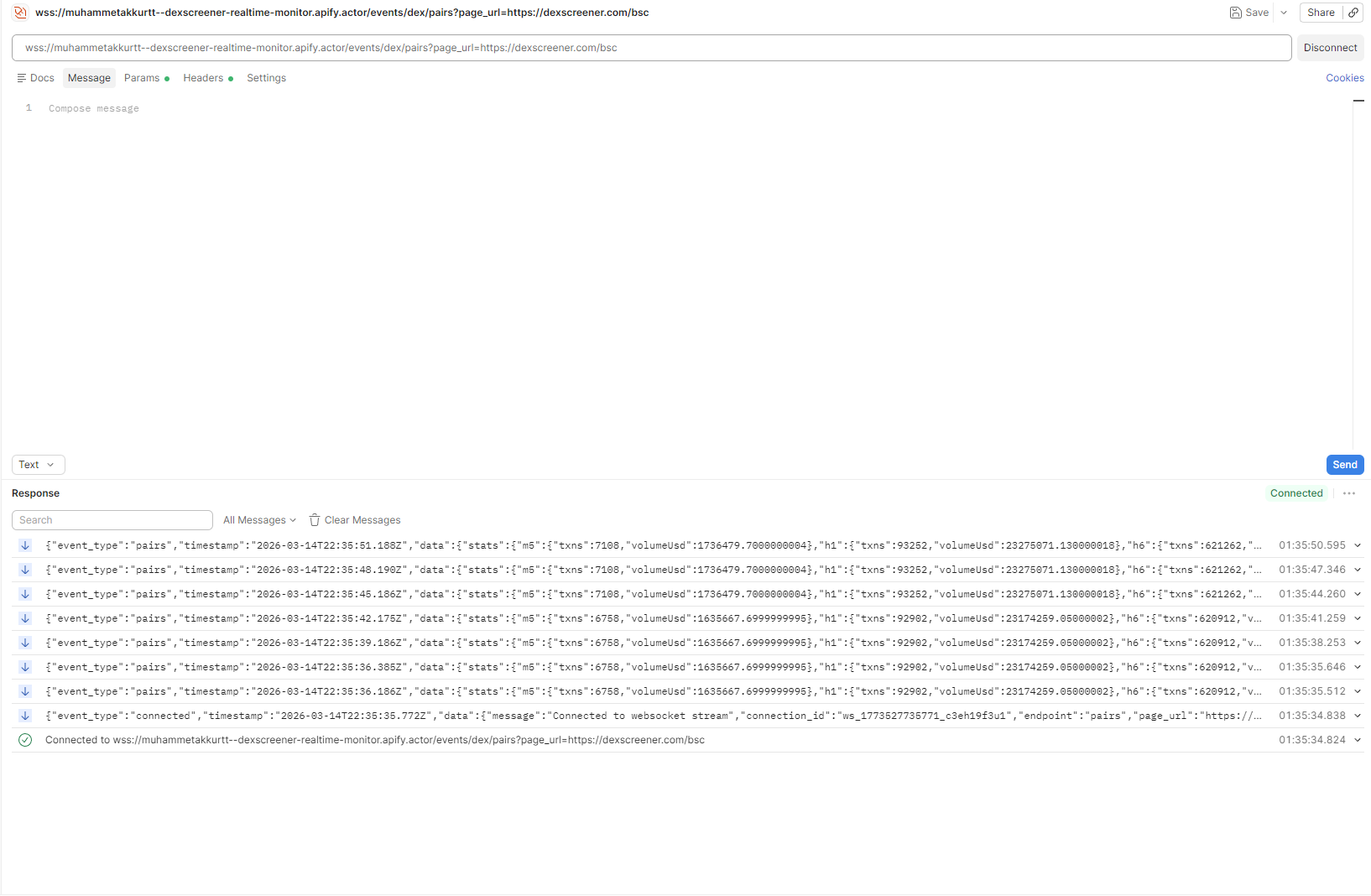 WebSocket client connected to the Standby Actor