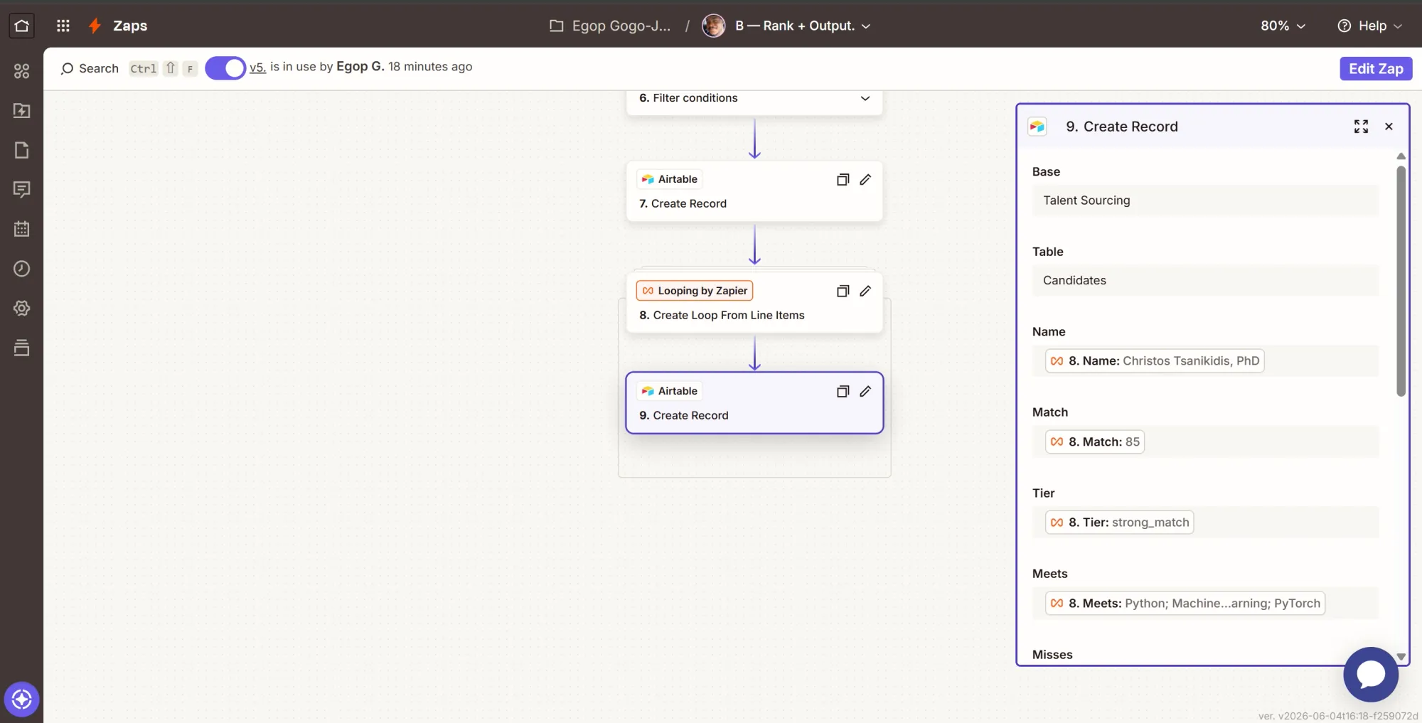 Zap B create new record on Airtable step