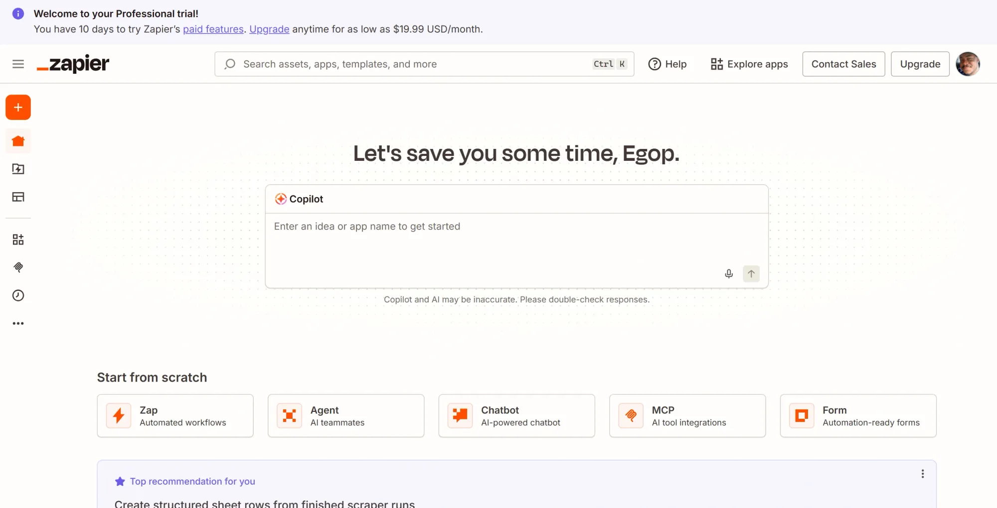 Zapier home dashboard