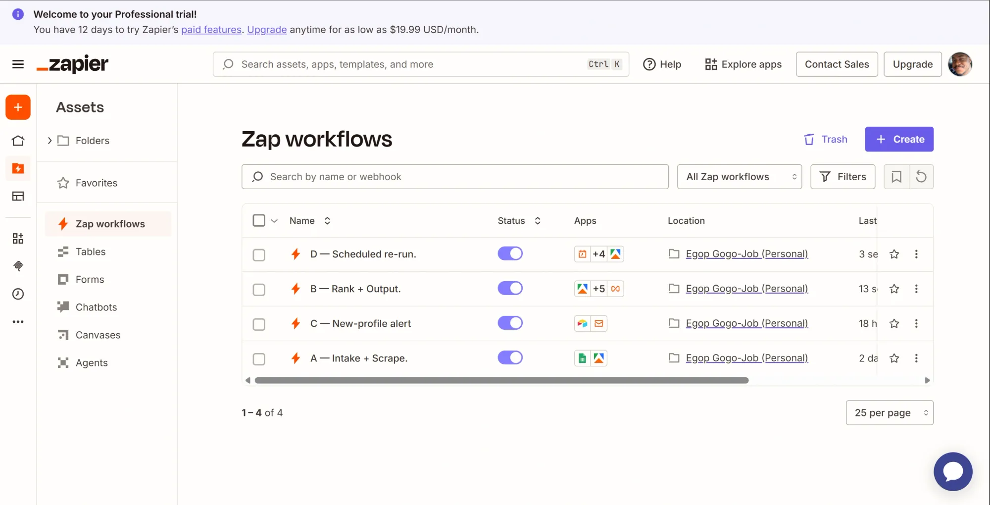 Image of the 4 zaps that make up the workflow