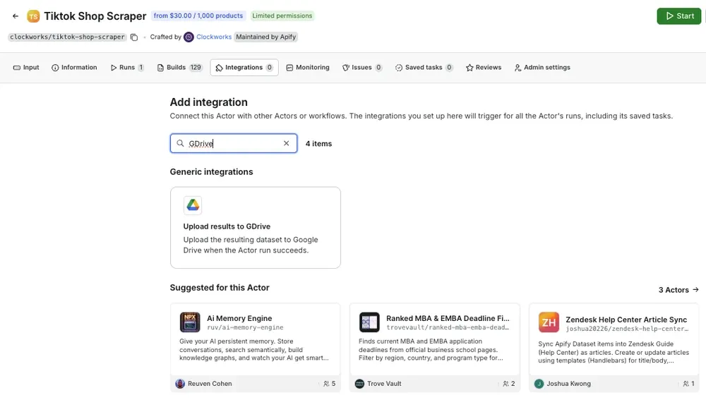 GDrive integration - Apify Console