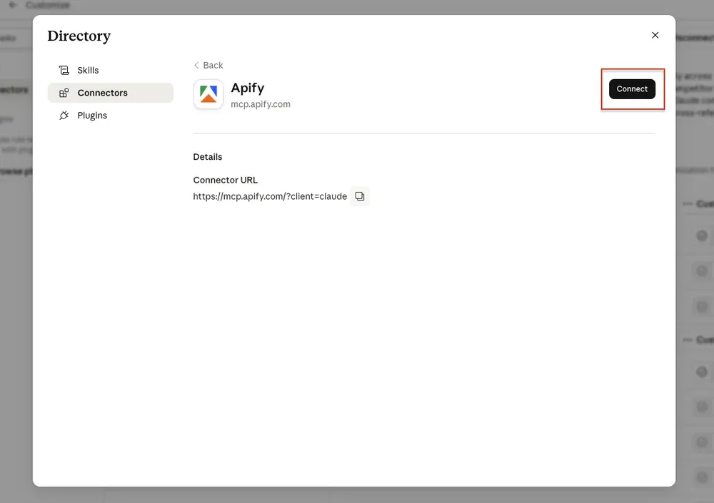 Apify MCP connector in Claude 