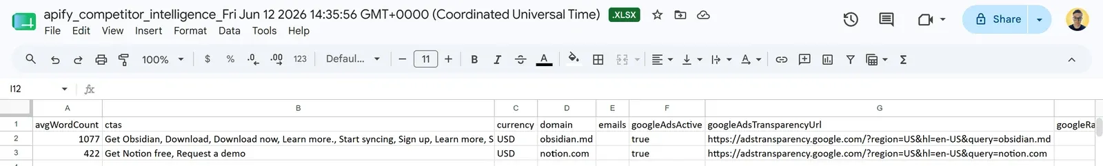 The competitive intelligence dataset in XLSX format