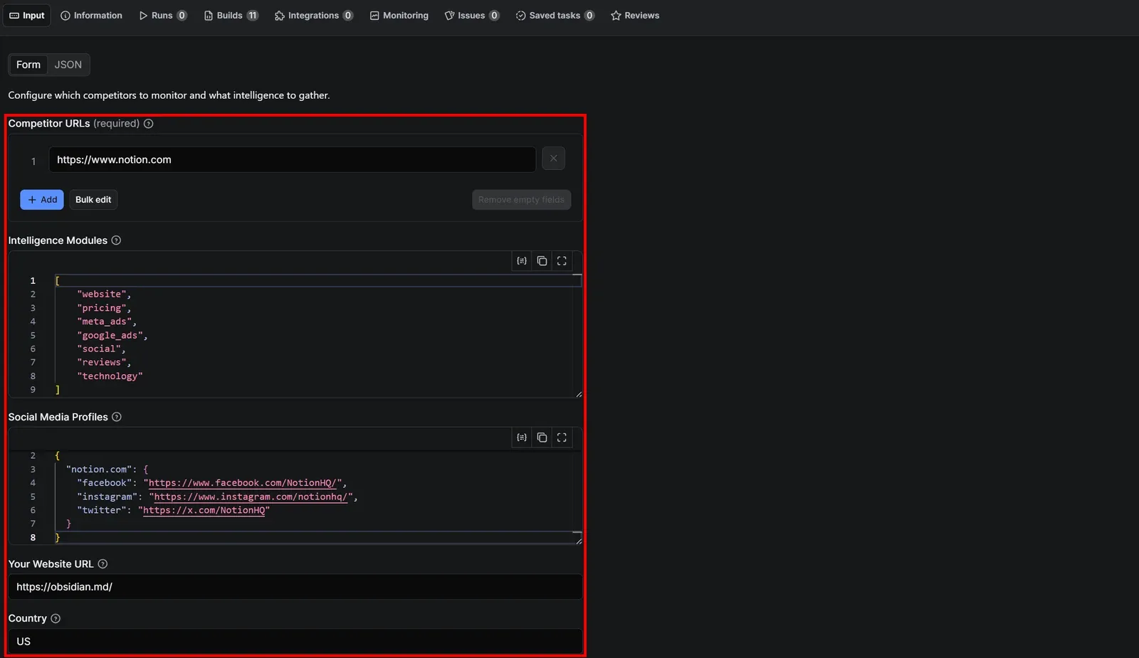Populating the input fields for Competitor Intelligence Hub