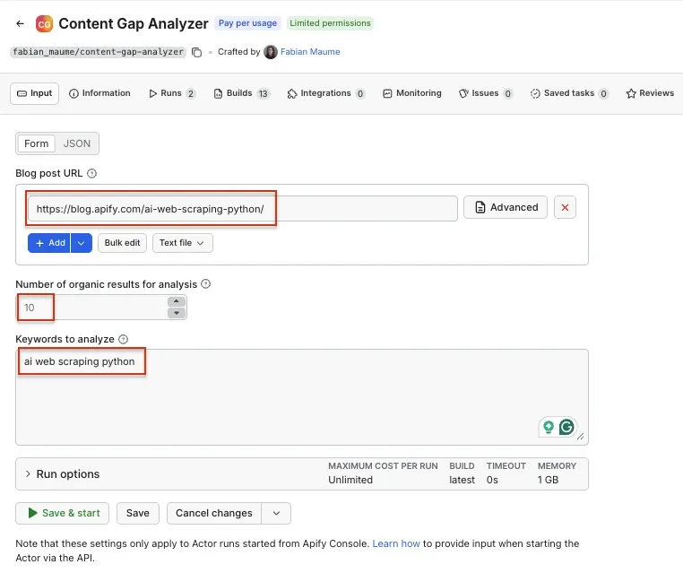 Content Gap Analyzer UI input