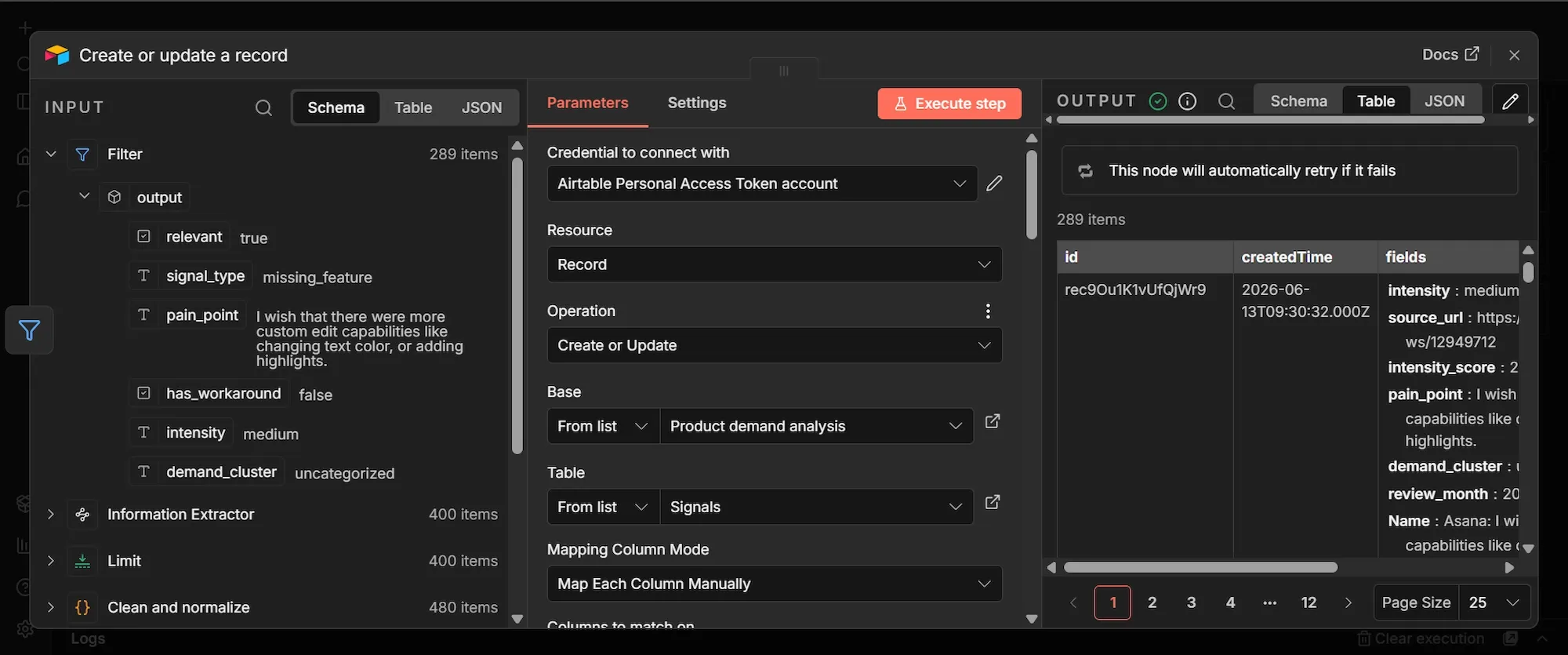n8n node for creating or updating an Airtable record.