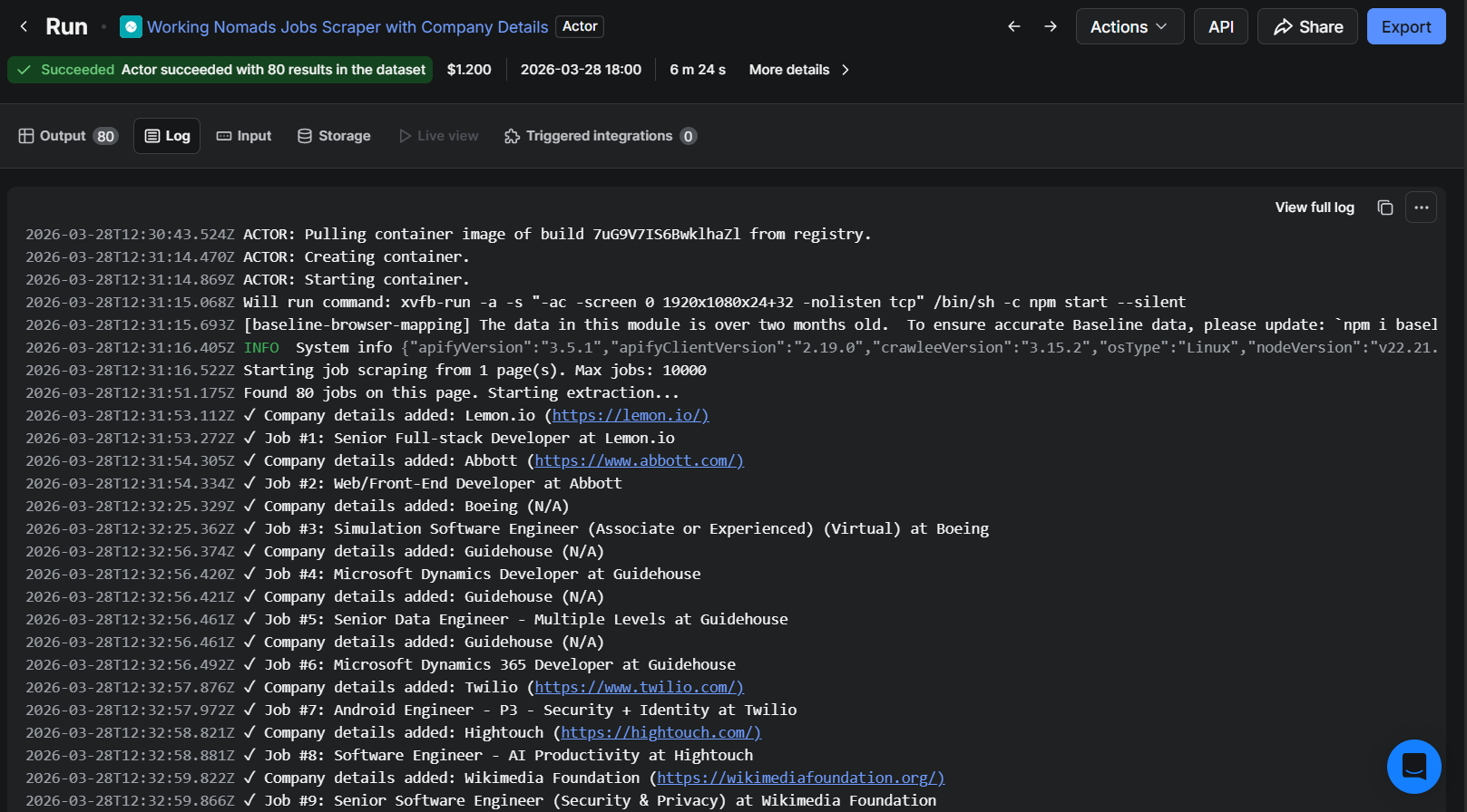 Apify Console run log showing the Working Nomads Actor completing successfully with 80 results scraped in 6 minutes and 24 seconds