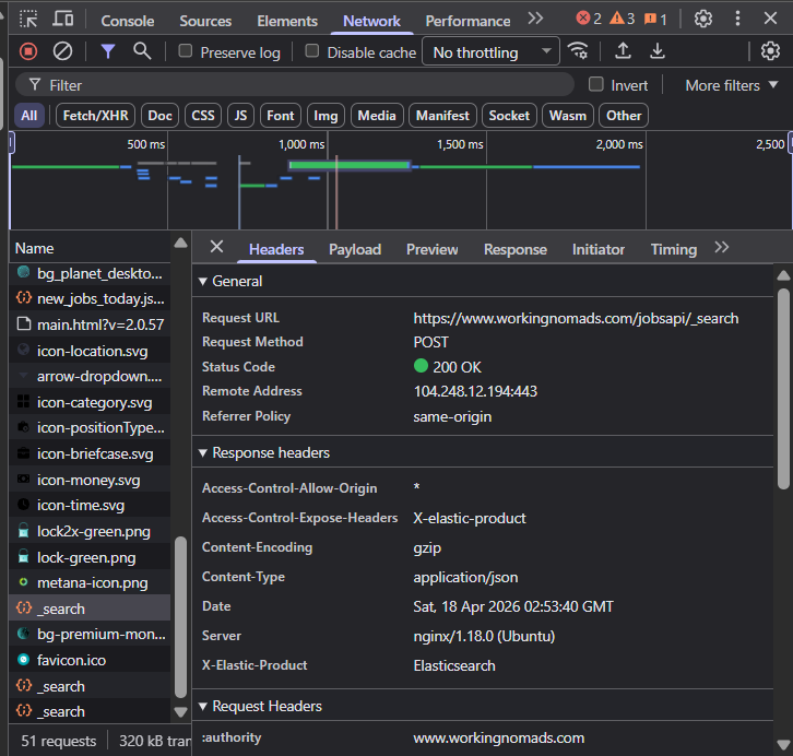 Chrome DevTools Network tab showing the internal Elasticsearch POST request to /jobsapi/_search firing with a 200 OK response and X-Elastic-Product header